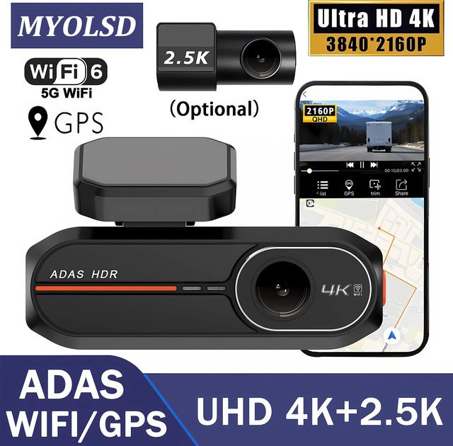 MYOLSD ADAS Dashcam mit 4K und 2.5K Dual-Objektiv, WLAN Auto-DVR Mini-Fahrtenschreiber mit 24-Stunden-Überwachung und Nachtsicht, Schwarz - Bild 1