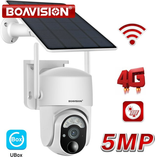 BOAVISION 5MP PTZ Outdoor Überwachungskamera mit Solarpanel, WiFi oder 4G SIM-Karte, PIR-Bewegungserkennung und 2-Wege-Audio in Weiß - Bild 1