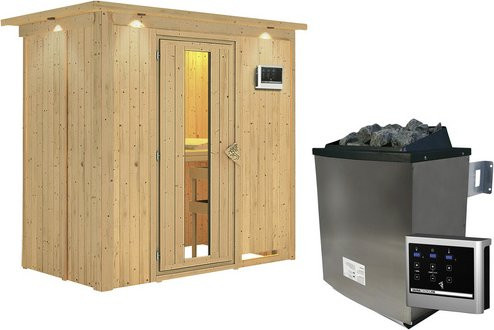 Karibu Sauna Pärnu aus Fichtenholz in Beige mit 9 kW Saunaofen und externer Steuerung für 2 Personen, B/T/H: 210 x 132 x 202 cm - Bild 1