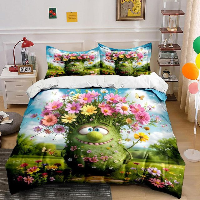 Bettwäsche-Set mit floralem Naturprint, Grün und Mehrfarbig, bestehend aus 1 Bettbezug und 2 Kissenbezügen, B/H: 135 x 200 cm - Bild 1