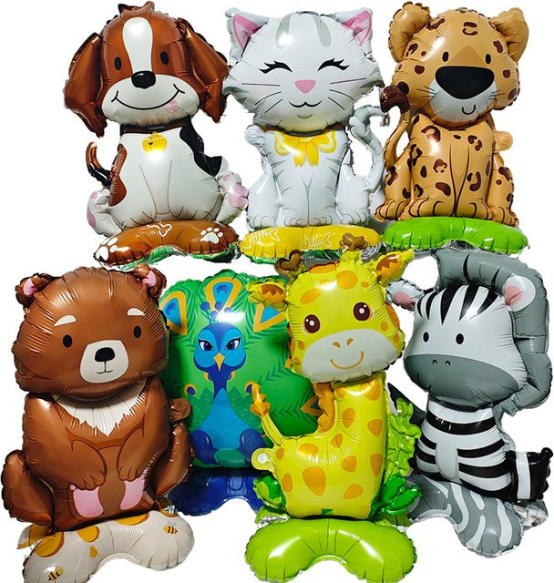 Cartoon Tier Stehende Ballons für Kindergeburtstage im Dschungel-Safari Design mit Löwe, Zebra, Leopard, Hase, Pfau und Giraffe - Bild 1