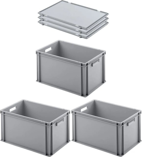 PROREGAL SuperSparSet 3er Pack Eurobehälter mit Scharnierdeckel und offenem Griff, Grau, H: 32 cm, B: 40 cm, T: 60 cm - Bild 1