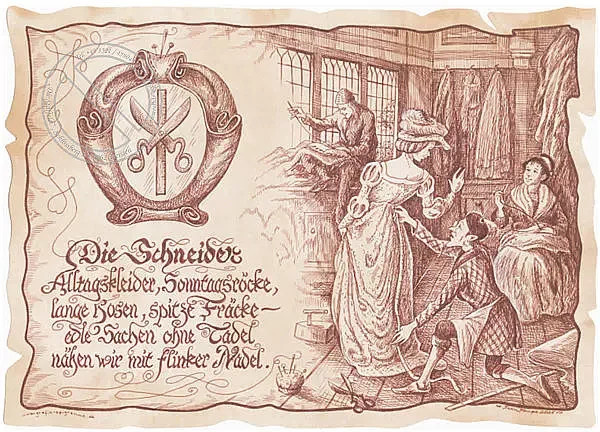 Zunftbild Schneider als Grafik auf Antikpapier, Farben: Braun, Schwarz und Multicolour, Format: A4 - Bild 1