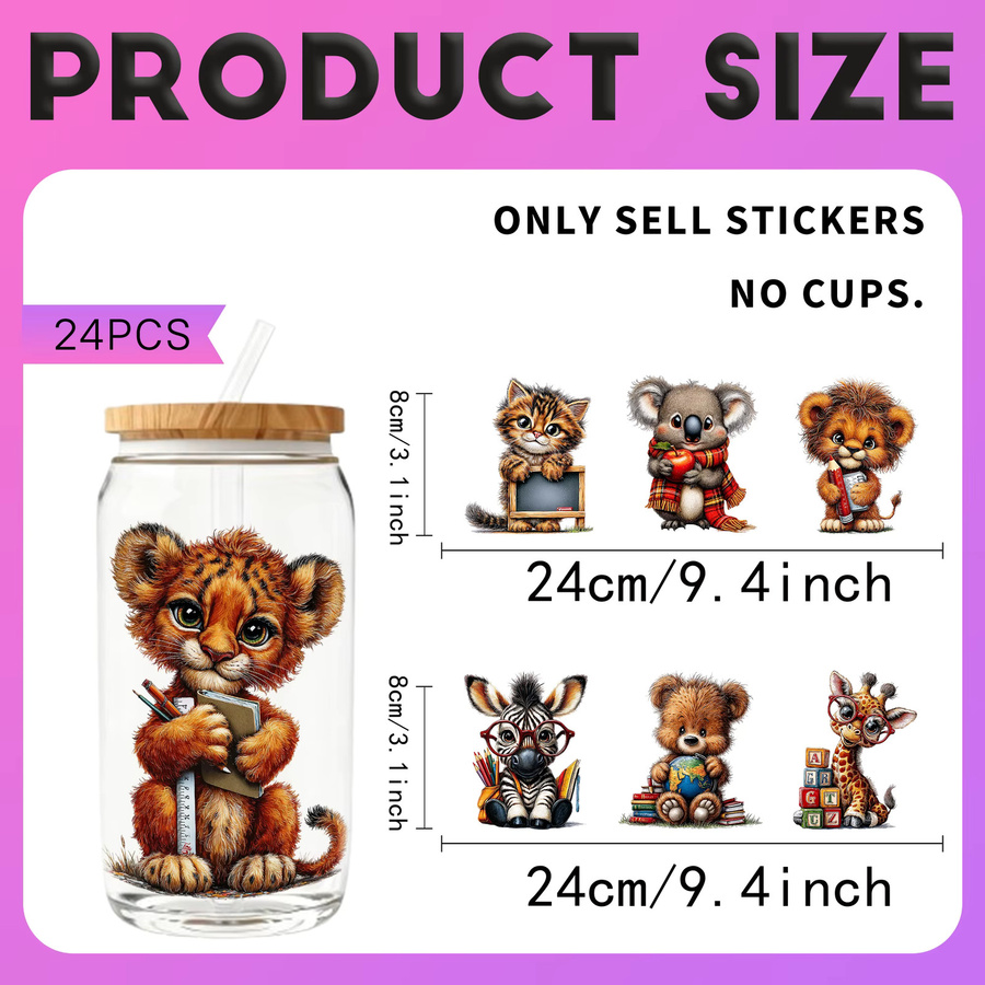 24er Set UV-DTF Transferaufkleber mit Tiermotiven für 16oz Glas-Wasserflaschen, Back-to-School Design, Mehrfarbig - Bild 2