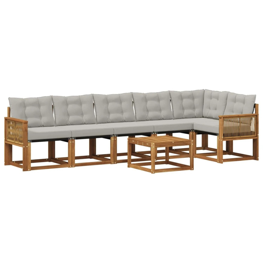 vidaXL Outdoor-Sofagarnitur L-Form aus Akazienholz mit Textilene und Kissen, 7-teilig, Braun und Grau - Bild 2