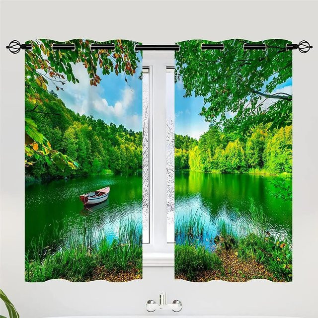 Hochverdunkelnde Vorhänge mit Wald-Wasserfall-Naturlandschaft von Yiran Furniture, B: 55 cm, H: 120 cm, Mehrfarbig - Bild 1