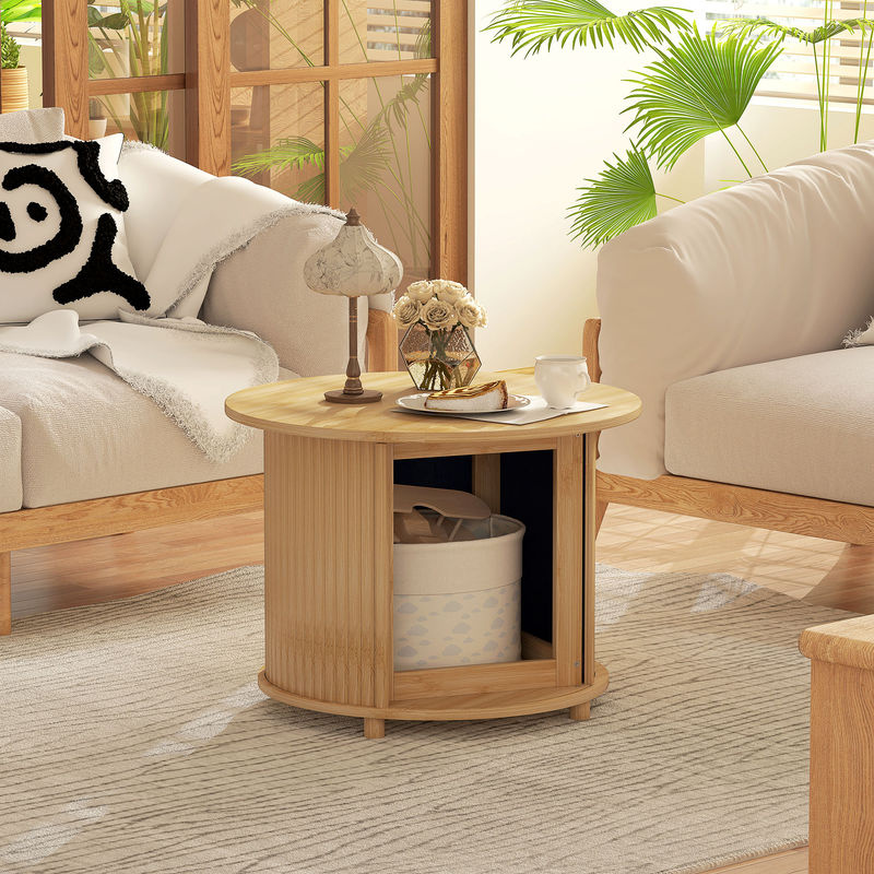 HOMCOM Couchtisch aus Bambus in Braun mit verstecktem Stauraum und Schiebetür, runder Beistelltisch im Modern-Stil für dein Wohnzimmer, Durchmesser: 60 cm, Höhe: 45 cm - Bild 2