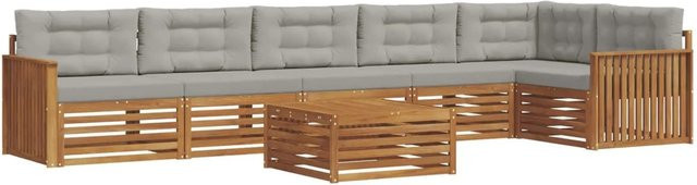 vidaXL Outdoor-Sofagarnitur aus Akazien-Massivholz in L-Form mit Kissen, 7-teilig, Natur und Grau - Bild 1