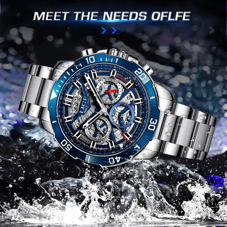 LIGE Armbanduhr Quarz, Edelstahl, Blau, Herren - Bild 4