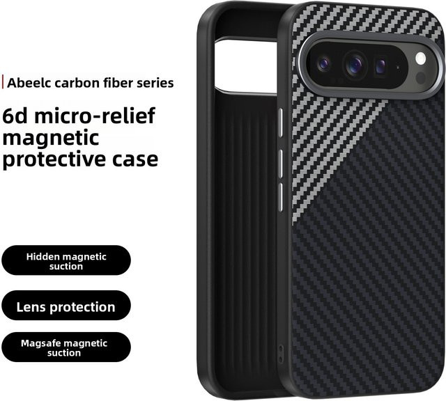 Stoßfeste Kohlefaser-Handyhülle für Google Pixel 10, 9 Pro XL, 10A und 9A in Schwarz mit MagSafe Magnetisch für kabelloses Laden - Bild 1