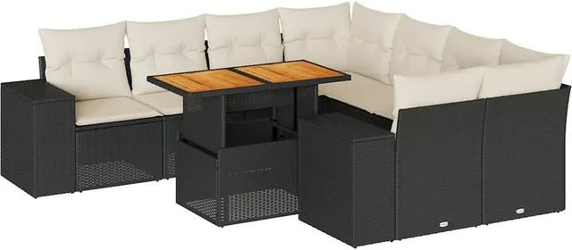 vidaXL 9-tlg. Garten-Sofagarnitur in L-Form aus Poly-Rattan und Akazienholz mit Kissen in Schwarz-Creme - Bild 1