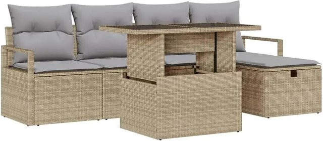 vidaXL Garten-Sofa-Set aus Poly-Rattan in Beige, 6-teiliges L-Shape Lounge-Set mit 3-Sitzer-Sofa, Sesseln, Ottomane, Kissen und integriertem Stauraum - Bild 1