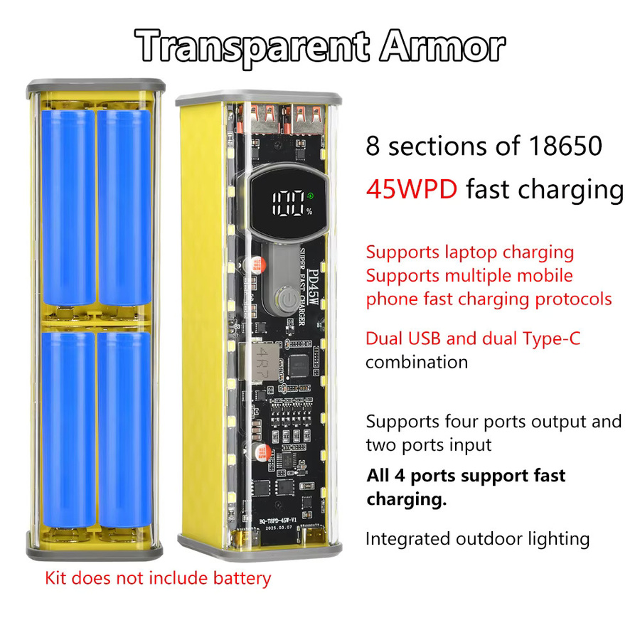 Voktta DIY Power Bank Gehäuse für 18650 Akkus mit Digital Display und USB Typ-C, Transparent Gelb, 45 W Schnellladefunktion - Bild 4
