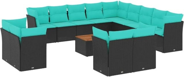 vidaXL 14-teilige Garten-Sofagarnitur aus Poly-Rattan und Akazienholz in Schwarz mit blauen Kissen - Bild 1