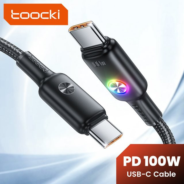 Toocki USB C zu USB C Schnellladekabel 100W mit LED-Anzeige in Schwarz - Bild 1