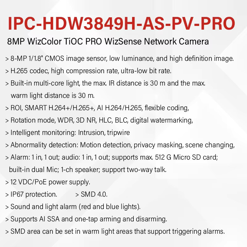 Dahua HDW3849H-AS-PV-PRO WizColor TiOC 3.0 Smart AI Kamera mit 8MP, Zwei-Wege-Audio, AcuPick und IR 30m, Weiß - Bild 2