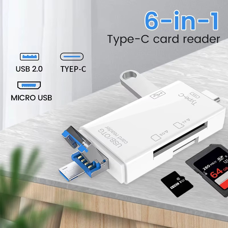 NNBILI 6-in-1 USB-C Kartenleser mit OTG-Funktion, USB 2.0 Typ-C zu SD und TF Adapter, Schwarz - Bild 2