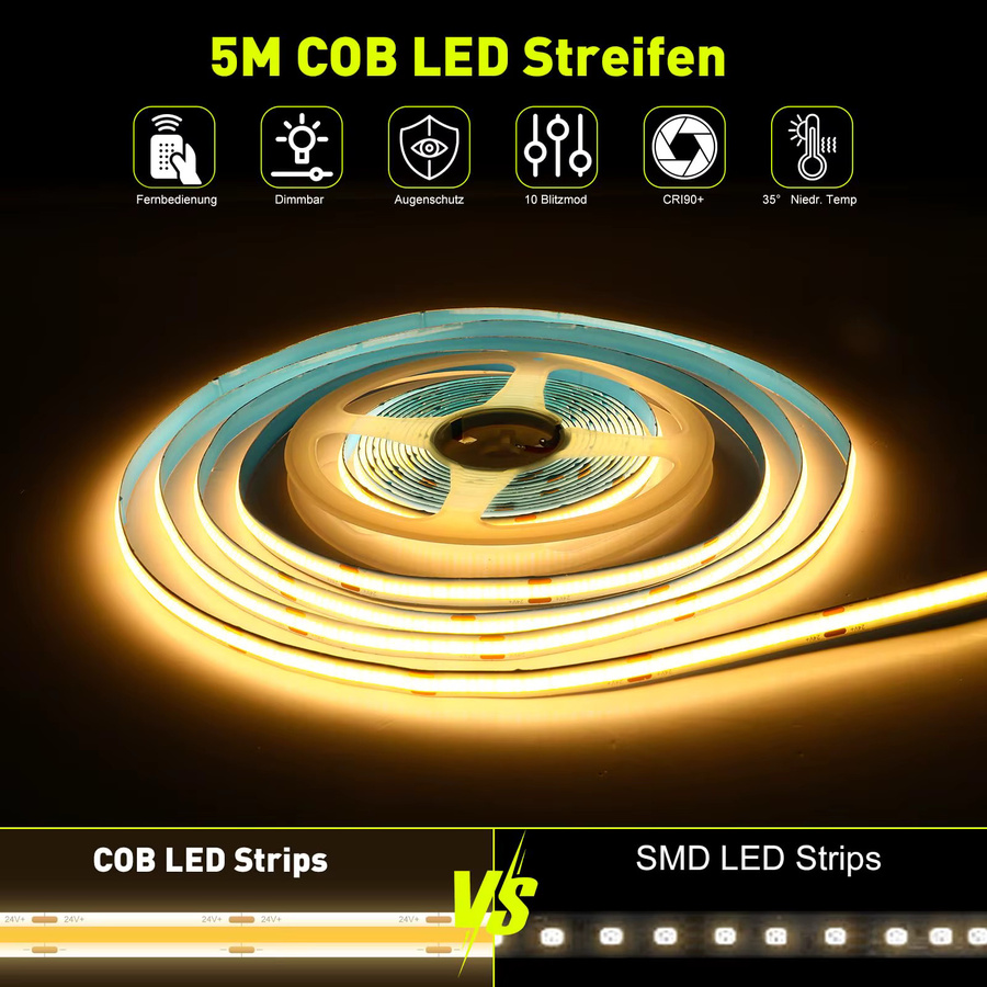 Oeegoo COB-LED-Streifen mit 2400 LEDs, 2 m Länge, 24 V, Warmweiß 3000 K, selbstklebend - Bild 2