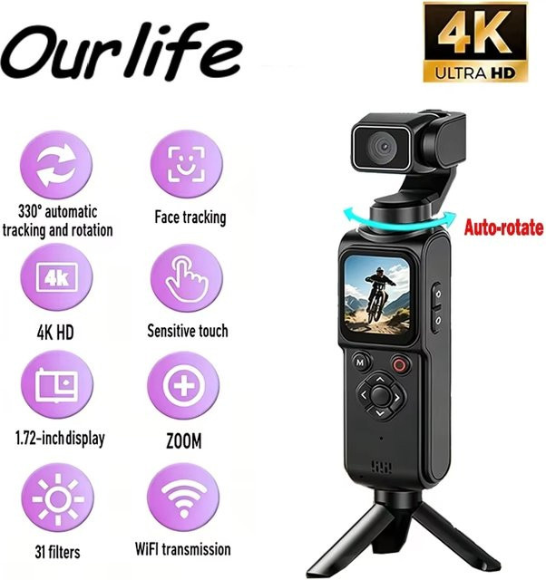 Ourlife 4K Pocket Action-Kamera mit 330 Grad Auto-Rotation, Touchscreen und Gesichtsverfolgung für Vlogs in Schwarz oder Weiß - Bild 1