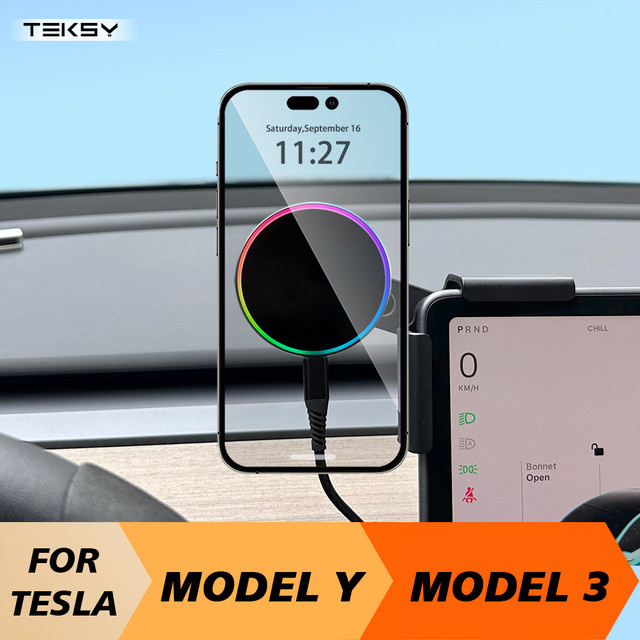 TEKSY Qi2 Kabelloses Ladegerät und Auto-Telefonhalterung kompatibel mit MagSafe für Tesla Model Y 2026, Model 3 Highland und BYD ATTO in Multicolour - Bild 1