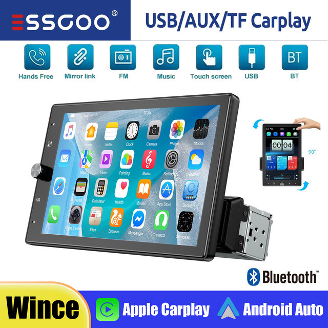 ESSGOO Universal Autoradio mit 10,4 Zoll drehbarem IPS Touchscreen, Wireless Carplay, Android Auto, Bluetooth, AUX und USB, Schwarz - Bild 1