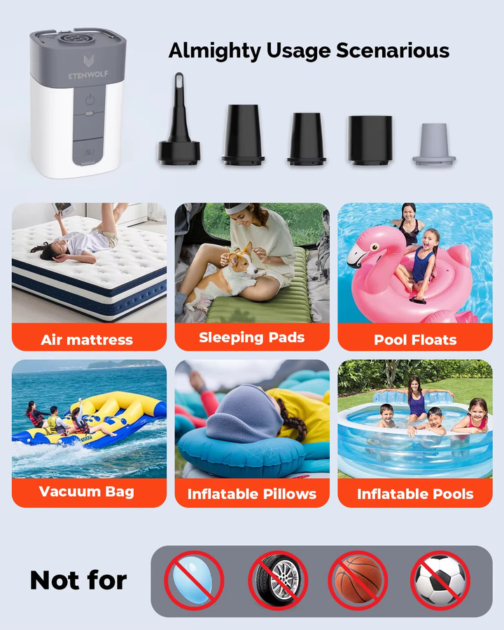 ETENWOLF AIR 5 Elektrische Luftpumpe in Weiß mit 720 LPM, Schnellfüller und Deflator, 5200 mAh, tragbare Luftpumpe für Poolschwimmer und Vakuum-Aufbewahrungsbeutel - Bild 4
