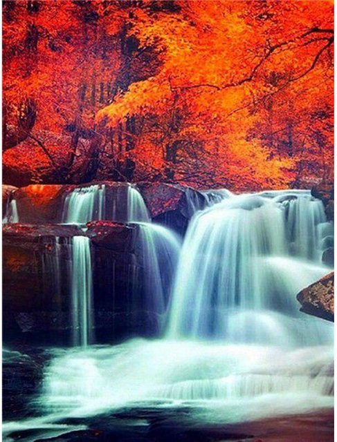 FIYO 5D-Diamantgemälde Landschaft mit Wasserfall und Bäumen in Herbstfarben, B/H: 20 x 30 cm - Bild 1