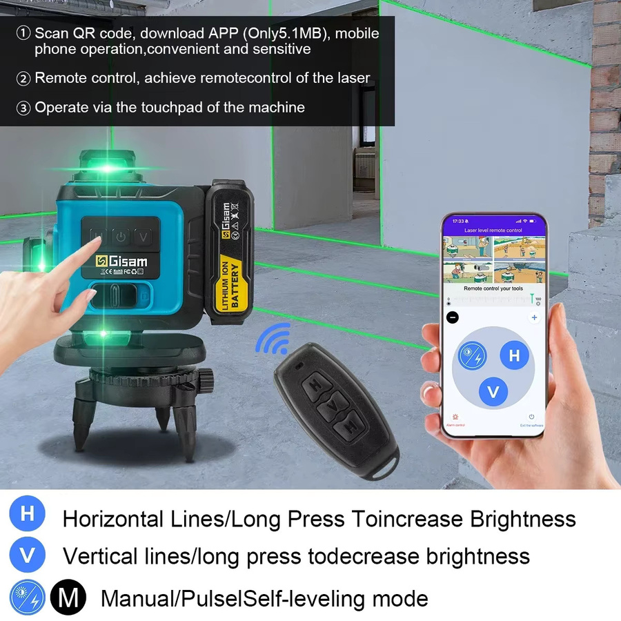 Gisam 16-Linien 4D-Laser mit Stativ, selbstnivellierender Kreuzlinienlaser in Grün, 360 Grad horizontal und vertikal - Bild 5