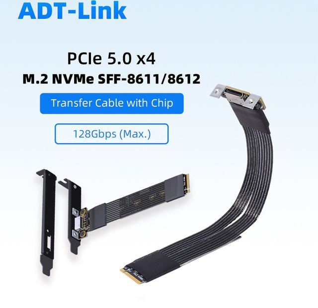 ADT PCIe 5.0 X4 M.2 NVMe zu OCuLink Riser-Kabel SFF-8611 SFF-8612 Adapter Gen5 128Gbps für externe Grafikkarte und eGPU-Dock, Schwarz - Bild 1
