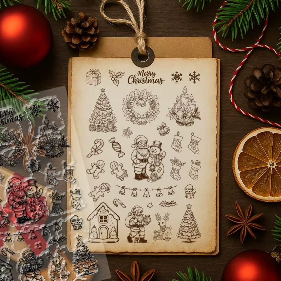 Wiederverwendbare transparente Gummistempel mit Weihnachts-Motiven wie Schneemann, Weihnachtsbaum und Elchkerzen in Transparent - Bild 3