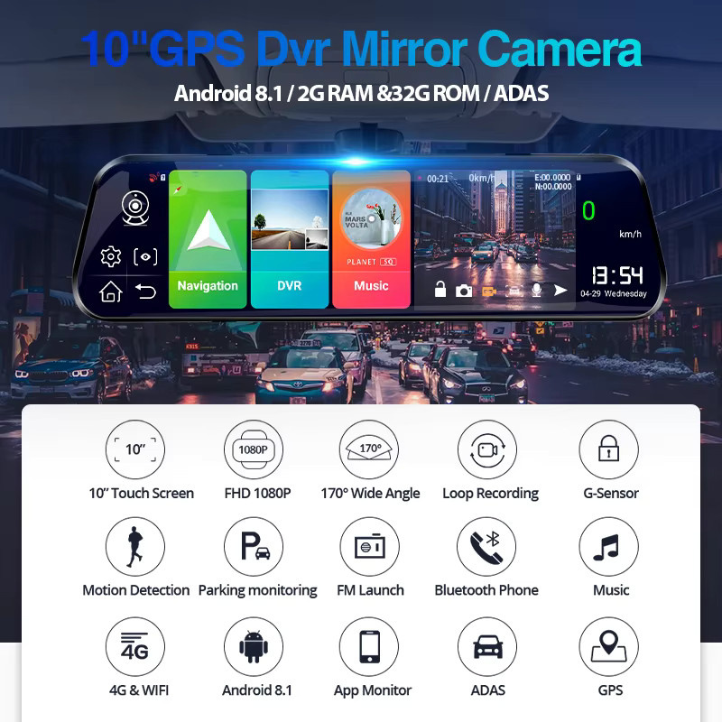 E-ACE Auto Dash Cam mit 10 Zoll Android Display, FHD 1080P Video Recorder, 4G Streaming und ADAS Funktion, Schwarz - Bild 2