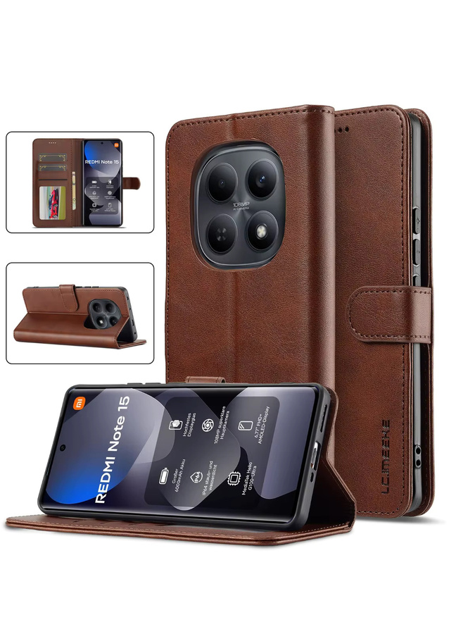 Luxuriöse PU-Leder Handyhülle im Flip-Design für Xiaomi Redmi Note 15, Redmi Note 14 Pro + Plus und Redmi 14C als Brieftasche mit Kartenetui, Stoßfest, Grau oder Braun - Bild 7