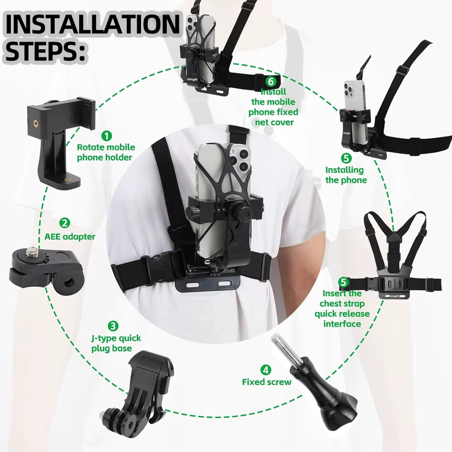 EXSKOF 6-in-1 Brustgurt Halterung mit Telefon Clip für iPhone, Samsung, Huawei und Action Kameras wie GoPro, SJCAM, AKASO, Insta360 oder Osmo Action in Schwarz - Bild 2