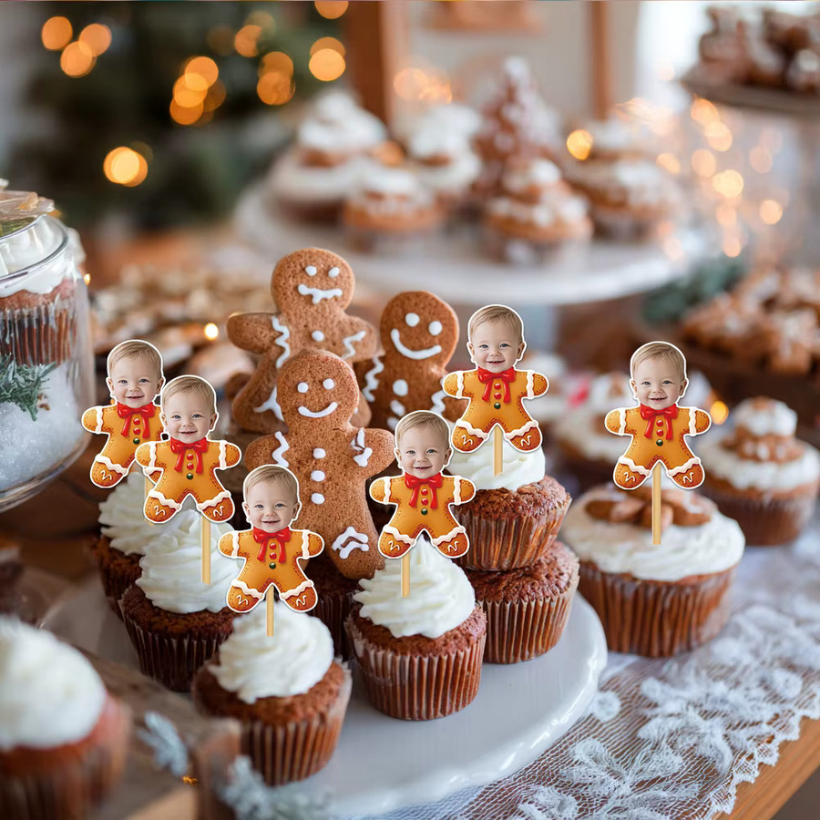 Weihnachtsdeko Set mit Lebkuchenmann-Banner, Kuchendekoration und Aufklebern in Mehrfarbig und Grau von Cyuan - Bild 2