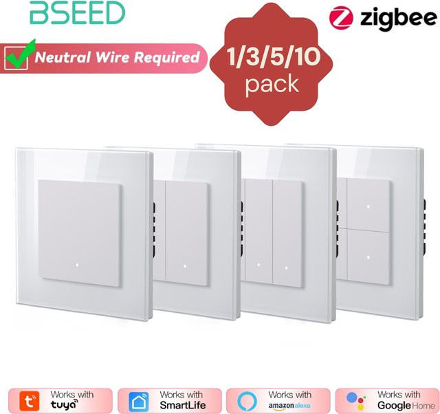Bseed Zigbee Smart Lichtschalter mit Neutralleiter, Tuya Smart Life & Alexa App-Steuerung, Glasrahmen, Weiß, B/H: 8,6 x 8,6 cm - Bild 1