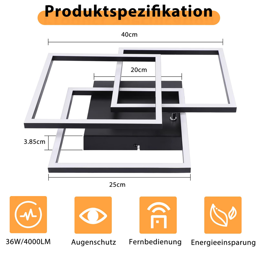 NETTLIFE Moderne LED-Deckenleuchte Schwarz, 36W, dimmbar mit Fernbedienung, Durchmesser: 40 cm - Bild 4