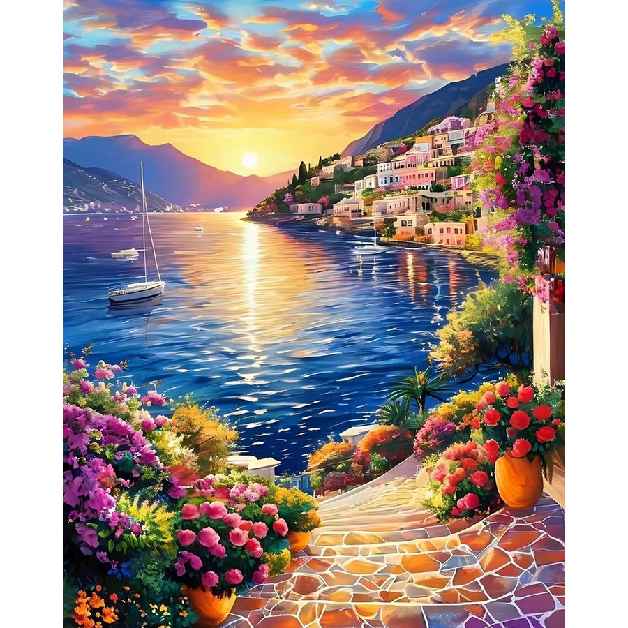 Huacan DIY Ölgemälde nach Zahlen Meeres- und Berglandschaft mit Küste und Sonnenuntergang in Multicolour - Bild 5