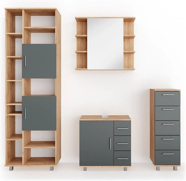 Vicco Badmöbel Set Ilias in Eiche und Anthrazit bestehend aus 4 Teilen mit Spiegel, Kommode, Unterschrank und Badschrank - Bild 2