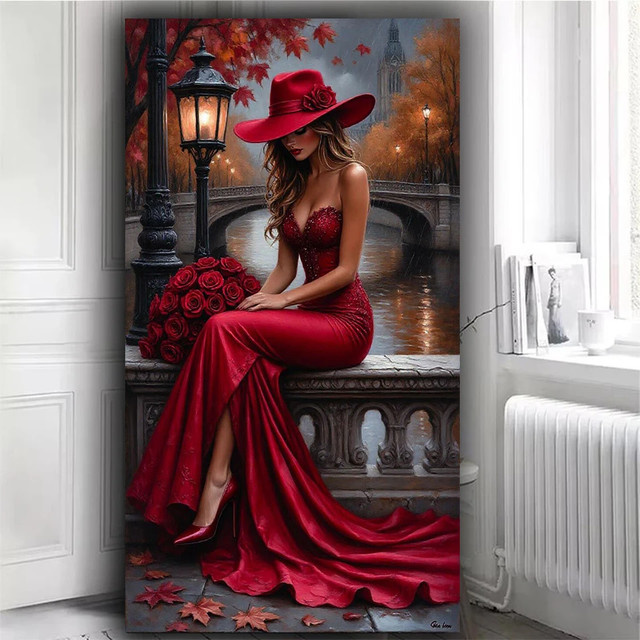 RealShining 5D DIY Diamantmalerei Motiv Rotes Mädchen mit Hut als Voll-Diamant-Mosaik Stickerei Porträt in Rot, Breite: 40,0 cm, Höhe: 20,0 cm, Tiefe: 20,0 cm - Bild 1