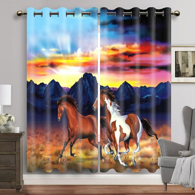 Pferde-Fenstervorhänge mit 3D-Digitaldruck für Schlafzimmer und Wohnzimmer, 2er-Set, halbtransparent, Mehrfarbig, B: 60 cm x H: 60 cm pro Paneel - Bild 1