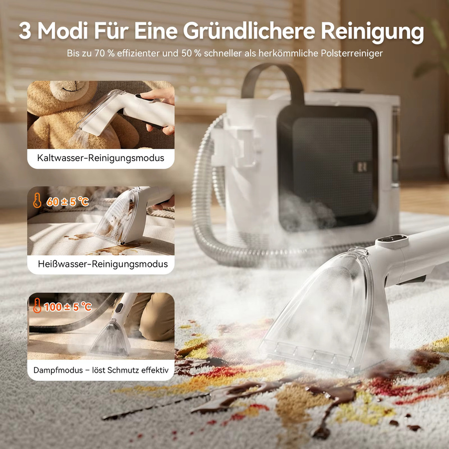 Redroad F1 Tragbarer Teppichreiniger in Weiß mit 1800W, 26kPa Saugkraft und 3 Wassertanks für Kalt-, Warmwasser- und Dampfreinigung zur Entfernung von Tierflecken auf Sofa und Autopolstern - Bild 2