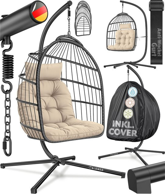 ELONEO Hängesessel Egg mit Gestell und Premium Polster in Beige inklusive Abdeckplane für Outdoor und Indoor, belastbar bis 160 kg - Bild 1