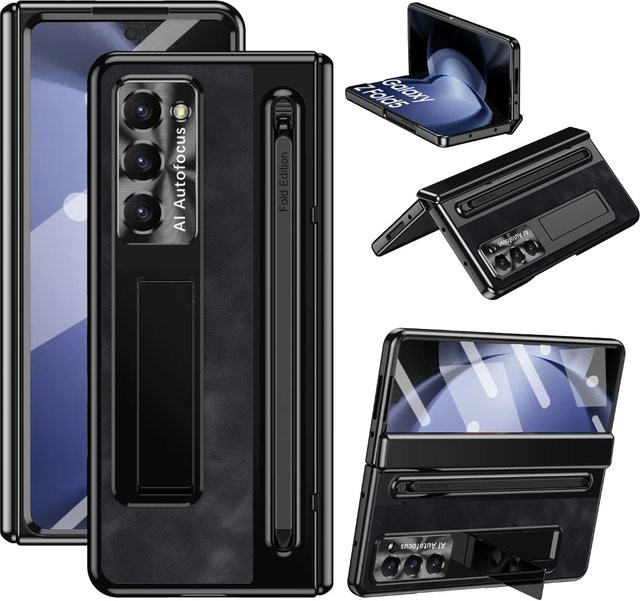 Retro Leder Schutzhülle für Samsung Galaxy Z Fold 7, 6, 5, 4 mit Stiftschlitz und Glasfolie in Braun - Bild 1
