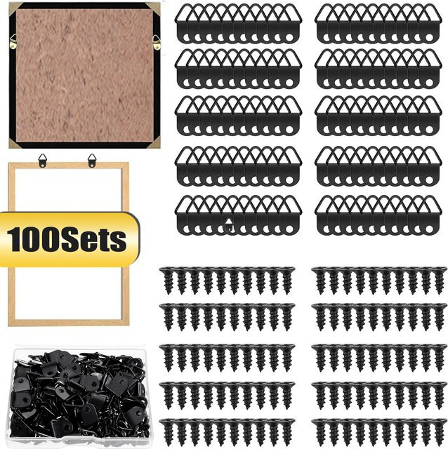 100 Sets Bildaufhänger in Schwarz mit Schrauben und Dreieckhaken sowie D-Ring-Schnallen für Bilderrahmen, Uhren, Spiegel und Kunstwerke - Bild 1