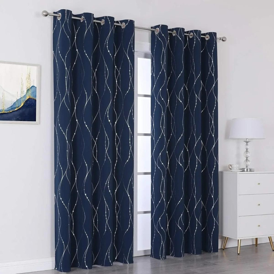 Verdunkelungsvorhang von Household supplies MH in Silber mit Sternen- und Linienmuster für Schlafzimmer und Wohnzimmer, Breite: 132 cm, Höhe: 160 cm - Bild 1