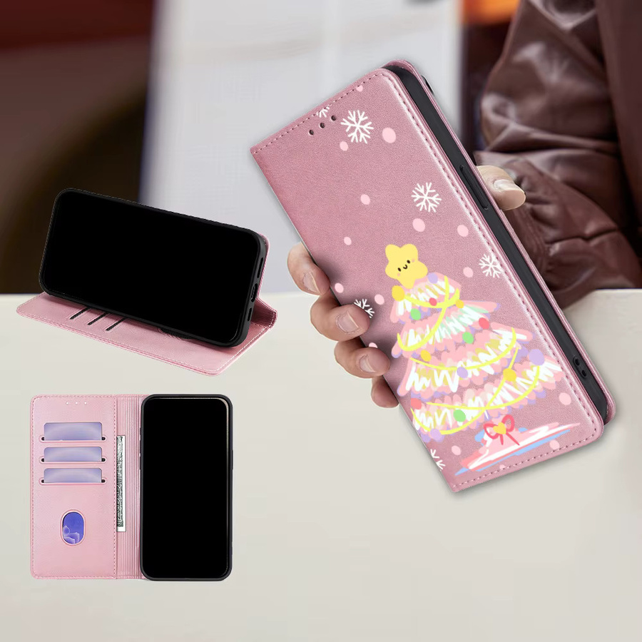 Magnetische Leder-Brieftaschenhülle mit Weihnachtsmuster für iPhone 11 bis iPhone 17 Pro Max in Pink - Bild 2