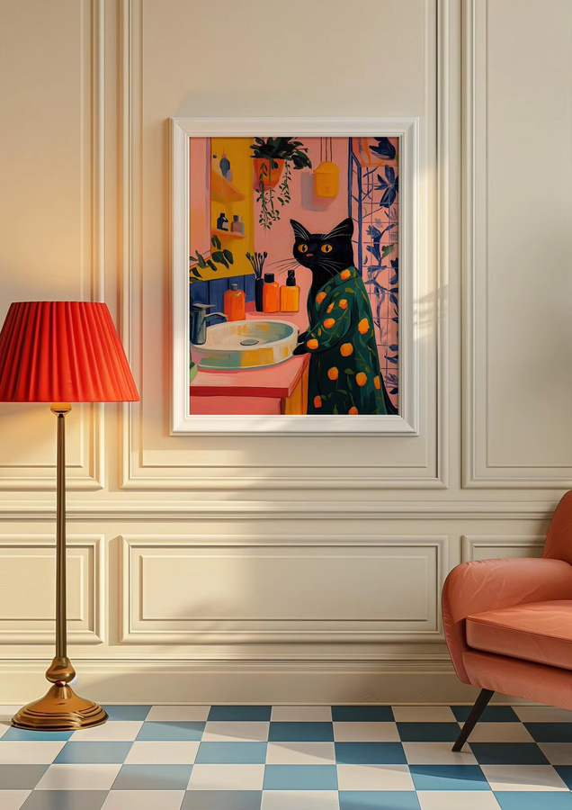 Retro Wanddekoration SHENCHEN: Bunter Kunstdruck mit schwarzer Katze in Zitrusrobe als verspielter Papier-Wanddruck in Schwarz und Multicolour - Bild 3