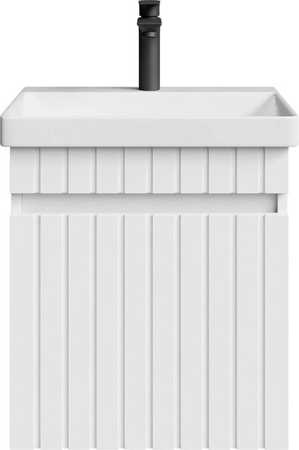 Planetmöbel COSMIA Waschtisch in Weiß Matt mit Keramikwaschbecken und Schublade, Armatur in Matt Schwarz, Breite: 50 cm, Tiefe: 55 cm, Höhe: 37 cm - Bild 1