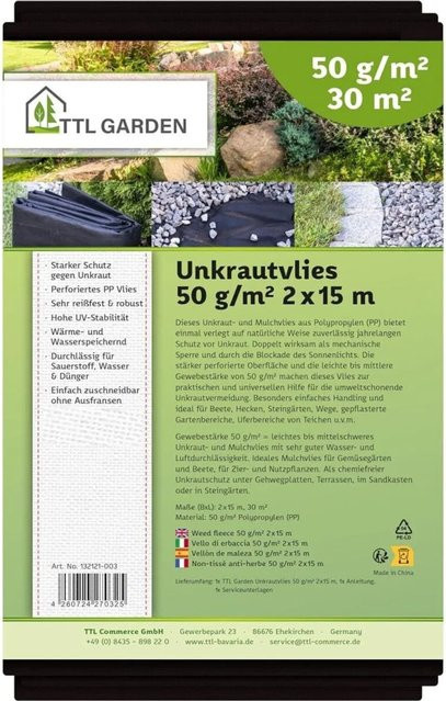 TTL GARDEN Unkrautvlies Schwarz 2 x 15 m (30 m²) mit 50g/m² als Mulchvlies UV-stabil für Garten, Beete und Wege - Bild 1