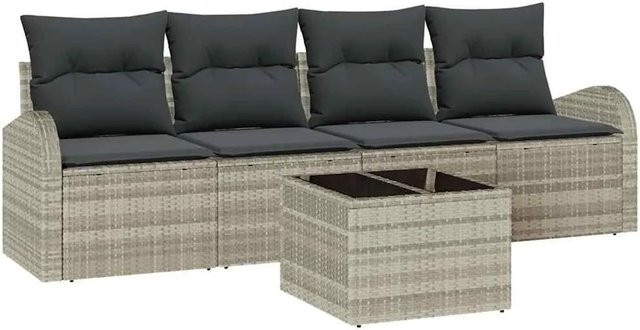 vidaXL Garten-Sofa-Set 5-tlg. mit Kissen in Grau, bestehend aus 3-Sitzer-Sofa, 2-Sitzer-Sofa, 2 Loungesesseln und Couchtisch aus pulverbeschichtetem Stahl mit UV-beständigen Polstern - Bild 1